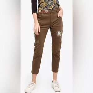 Desigual Coffee Shop Boyfriend Cropped Embroidered Pants